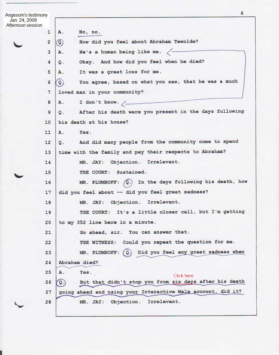 Angesom's court testimony Jan. 24, 2008 afternoon session