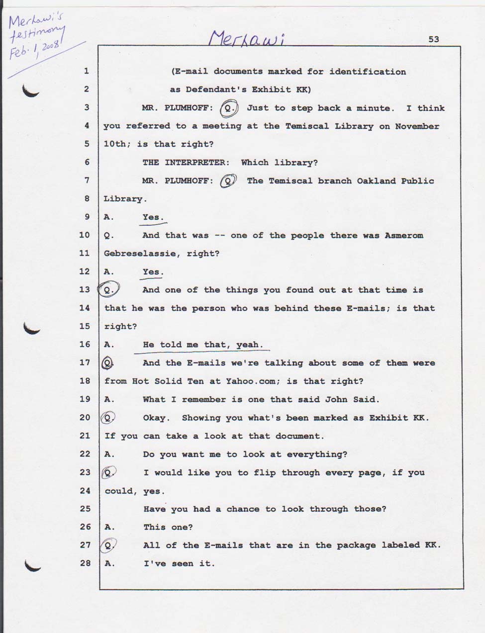 Merhawi Mehari's court testimony February 01, 2008, page 53