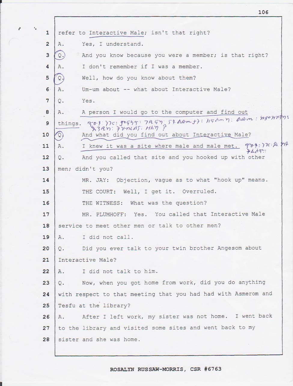 Merhawi Mehari's court testimony February 27, 2008, page 106
