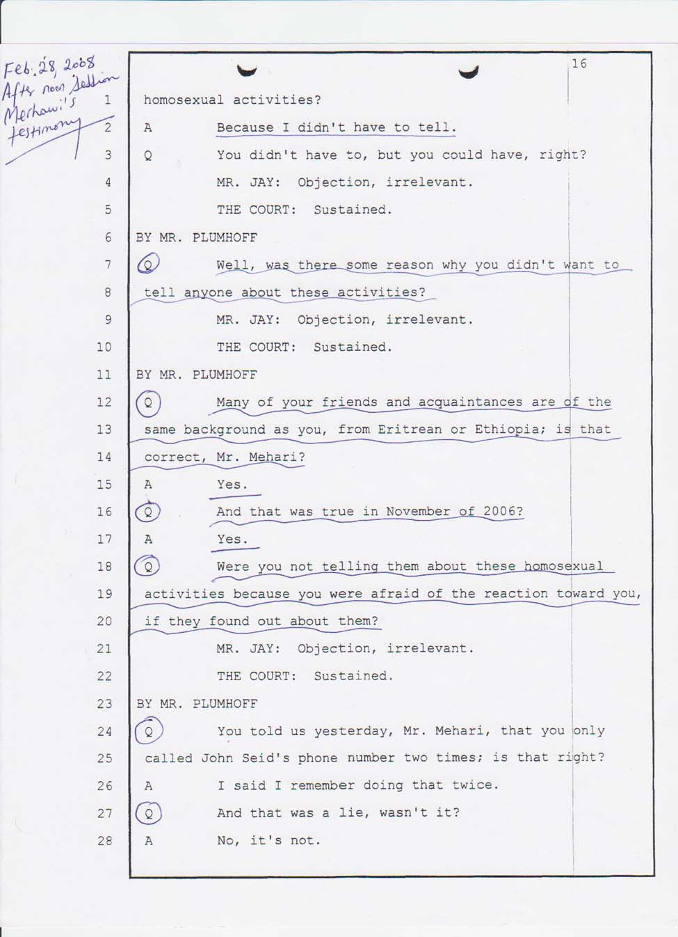 Merhawi Mehari's court testimony Feb. 28, 2008  afternoon session