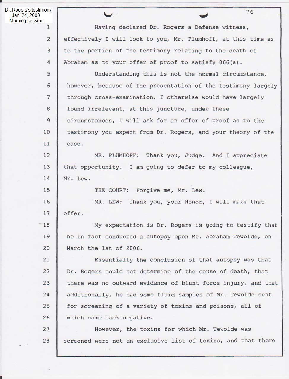 Dr. Thomas Rogers's Alameda County Coroner's office pathologist court testimony Jan. 24, 2008